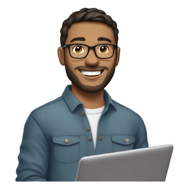  A young man with a short beard and glasses, smiling confidently. He is holding a laptop with both hands in front of him. The background is neutral or light, to keep the focus on the subject. The man has a friendly, approachable demeanor, and his style is casual yet modern. His attire consists of a comfortable shirt or sweater. He has short, dark hair and is standing in a relaxed position, exuding positivity and confidence. sticker