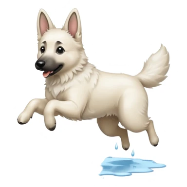 White belgian Shepard jumping over Rain puddles. There is a rainbow in the sky sticker