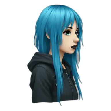 Side profile sad emo girl, black makeup, long choppy blue hair side bangs sticker