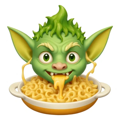 cheddar goblin with green ears and green skin, underbite, macaroni and cheese dripping from mouth, yellow eyes, narrow pointy nose sticker