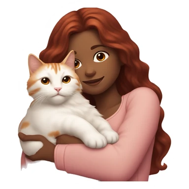 girl with long very dark red wavy hair and dark brown eyes and light pink outfit hugging a white & ginger cat  sticker