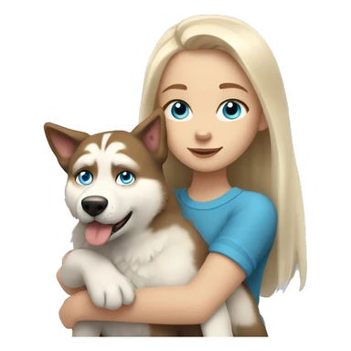 a girl with blue eyes and light-blond hair hugs a husky dog ​​with brown eyes sticker