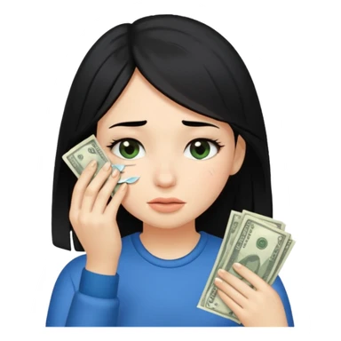 Girl with black hair wiping tears with money  sticker