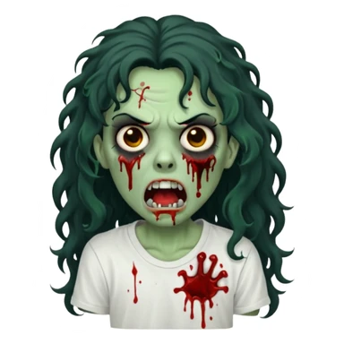 a zombie with long curly black hair volumoso, brown eyes, a white t-shirt and a splash of blood on her t-shirt, mouth open like a zombie, green skin color, not much expression, no drawing on shirt, no hands showing, less blood on her face, less blood, black hair and black eyes sticker