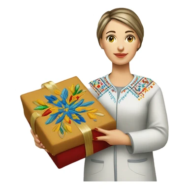 A female teacher in Ukrainian embroidery holds a gift in her hand sticker
