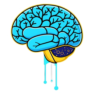 Cute sticker of a pearly blue capsule floating before a stylized brain with golden sparks forming a neural network pattern. A small liver icon glows nearby, all within a gentle swirling aura representing mental clarity and body connection sticker