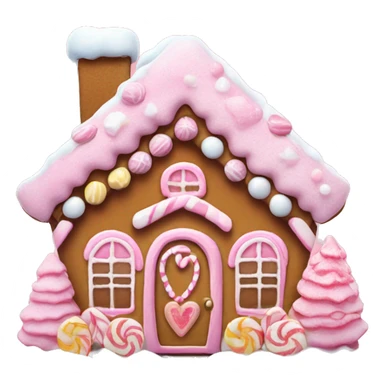 Pink gingerbread house with candy decorations, snow-covered roof, and a tiny heart on the door sticker