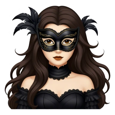 Greeneyed Woman hair with Long Dark brown hair wearing Black venetian mask sticker