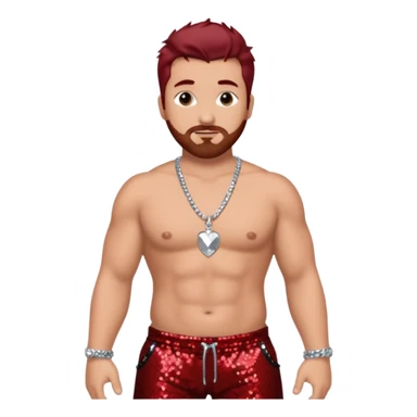 Joey Fatone with dark red hair, black sequin baggy pants, shirtless with necklace sticker