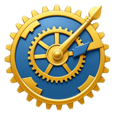 Un libro azul navy con detalles dorados, bordes metálicos y un gear dorado con una flecha ascendente como productividad en la portada, irradiando productividad, estrategia y éxito en movimiento sticker