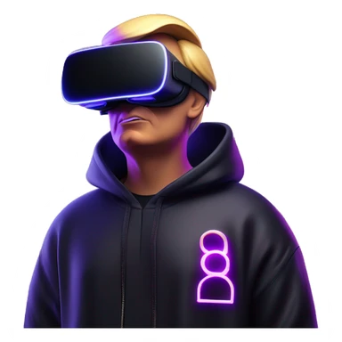 Donald Trump wearing a black hoodie with "OMG" letters on it and VR headset oculus quest 2 in a cyberpunk VR environment with violet neon lighting. sticker