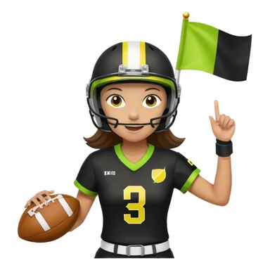 woman celebrating a flag football touchdown, wearing a helmet, black uniform with white accents, lemon lime flag belt, holding a football, no country flags sticker