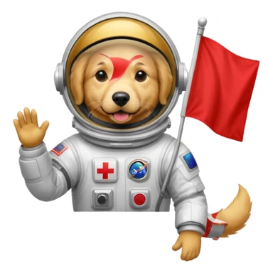 golden retriever in space suit holding red rectangle flag sticker
