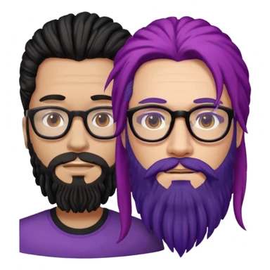 Man with long hair, glasses and Beard, next to man in black dreadlocks with red accent, woman in glasses with violet and black hair in the middle sticker