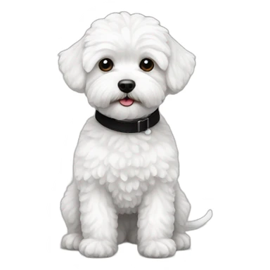 White maltipoo with black collar sticker