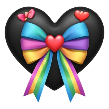 glossy plush black heart with a rainbow bow and heart pattern on the bow sticker