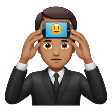 a guy holding 1 smartphone with both hands, smarphone should be horizontal, on top of his forehead sticker