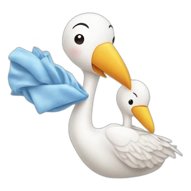 stork delivering a white human baby boy in fabric held in its beak you can see the baby head from the fabric with a smile sticker
