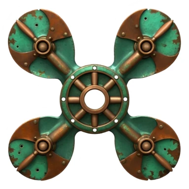 3D render of Ship Propeller, heavily oxidized copper texture, verdigris patina, Bronze blades with green barnacle/rust spots, weathered bronze aesthetic, ancient decay, emoji style, isolated on white background --v 6.0. sticker