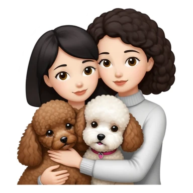 Woman with short black straight hair hugging a brown poodle and a white bichon frise sticker
