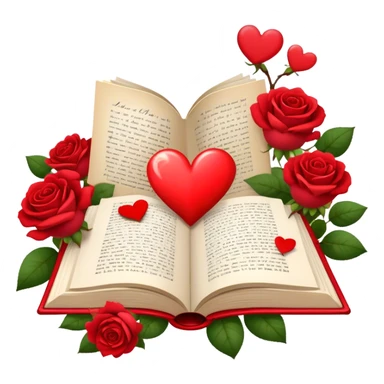 Icon for Romance Reading: an open book with a heart-shaped bookmark, surrounded by roses, a love letter, and a cup of tea, with small hearts and Cupid with bow and arrows flying out of the pages. Transparent background. sticker