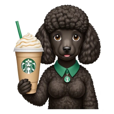 Black standard poodle holding a Starbucks drink sticker