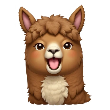 Cinematic Cute Yawning Brown Alpaca Portrait Emoji, Head tilted slightly with a dramatic, wide-open yawn, showcasing a soft, plush brown fleece with gently drooping ears, round warm eyes barely open in drowsy contentment, Simplified yet irresistibly adorable features, highly detailed, glowing with a soft, cozy glow, high shine, relaxed yet expressive, stylized with a touch of whimsy, bright and endearing, soft glowing outline, capturing the essence of a sleepy yet affectionate alpaca, so drowsy it feels like it could stretch out of the screen and curl up for a nap! sticker