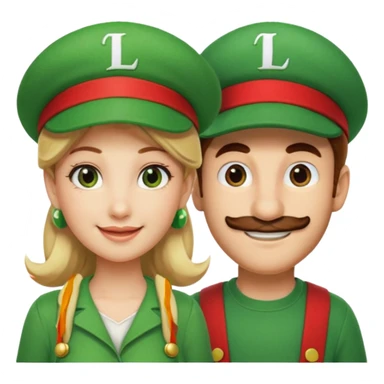 blonde female Luigi (with the Luigi green hat with an L on it) and a normal brown hair male Mario with the red hat with a M on it. They are friends just smiling. This video game sticker