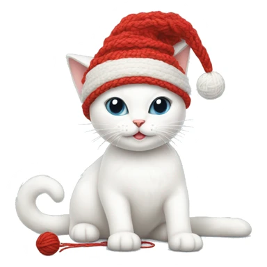 white cat wearing a christmas hat playing with a ball of red yarn sticker