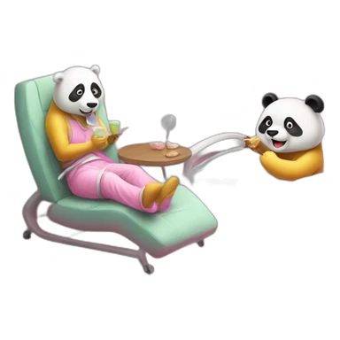 a yellow chinese panda eating icecream in a pink dirty bedroom with a person on a white chair and medical equipment sticker