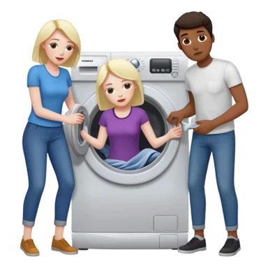 Eine Frau mit dem in der Waschmaschine feststeckt und zwei Männer die hinten an ihr ziehen um ihr zu helfen  sticker