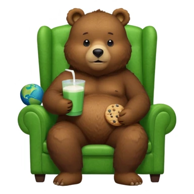 Chubby furry large brown bear sitting on a earth green chair that is way too small for him, eatting cookies and milk, 4k, dpi 300. Must not be low resolution, must not be poor quailty, must be colorful, must not have any emoji faces, no emoji icons. sticker