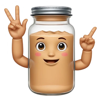 A cute anthropomorphic salt jar with transparent glass body and metal lid, raising both arms to form a "6" hand gesture with thumb and pinky extended on each hand sticker