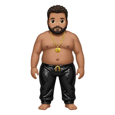 Fatman Scoop with dark brown hair, black sequin baggy pants, shirtless with necklace sticker