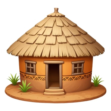 African mud hut tribal house, round adobe clay house, thatched roof, warm sunlight, colorful tribal patterns, cute mobile game icon, 3D cartoon, high detail, clean background sticker