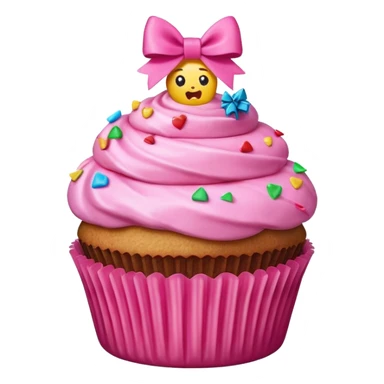 hyper realistic emoji of a bitten cupcake with pink frosting and a small gift bow on top, bitten part showing surprise filling like confetti or a tiny present, clean colorful emoji-style design sticker