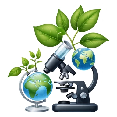 An icon featuring a DNA helix, a microscope, and a plant leaf, symbolizing biology. The design includes animal cells, a test tube, and a globe, representing the study of life forms, ecosystems, and genetics. Transparent background highlights the exploration of living organisms. sticker