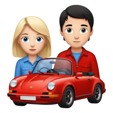 crea un emoji que sea una pareja, una chica rubia con pecas en la cara & los ojos azules & un chico con el pelo negro lindo con ojos cafés que haya un porsche rojo  sticker