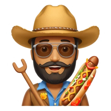 A bearded hotdog with sunglasses and a cowboy hat sticker
