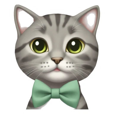 Aesthetic round-faced grey tabby British short hair full body cat with sage green bow tie sticker