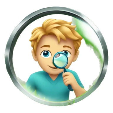 Little boy with blue/turquoise eyes, no glasses, and strawberryblonde slighty wavy hair crouching down low in a lot of green grass. He is holding a magnifying glass, closely examining nature and looking happy/curious sticker
