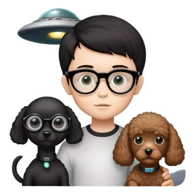 A little boy with straight black medium-length hair, white skin, and black eyes wearing black-framed glasses is taking photos in a UFO with a camera. Beside him, there is an alien and a brown round-headed poodle. sticker