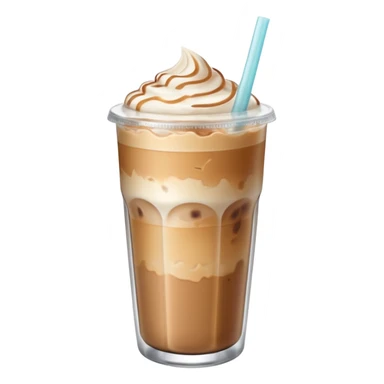 An iced latte in a transparent matte glass, showing how the milk and coffee mix, with ice touching the inner walls of the glass, and a clear lid with a transparent straw on top. Use soft and pastel tones. sticker