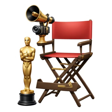 Professional icon for Directing: a collage featuring a director's chair, a film camera, a megaphone and an Oscar trophy. The icon should represent the craft and creativity of film directing, with emphasis on leadership and cinematic artistry. Transparent background. sticker
