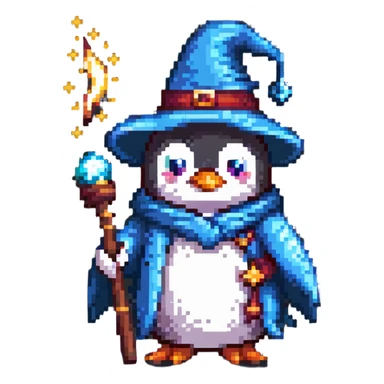Penguin wearing wizard hat and robe holding a magic wand sticker