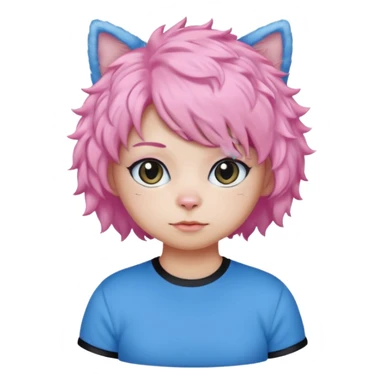 Black cat wearing a short curly pink hair wig, blue T-shirt sticker