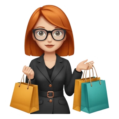 Mujer joven blanca con cabello cobrizo lentes oscuros vestida a la moda con bolsas de compras sticker