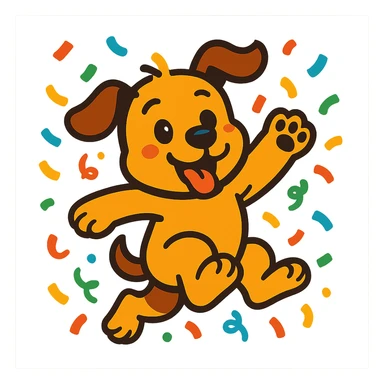 puppy jumping in confetti with paw up, vibrant-toon style sticker