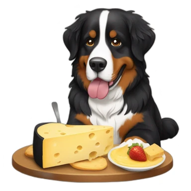 Bernese mountain dog eating a cheese fondue sticker