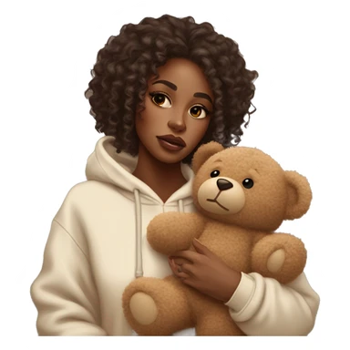 Beautiful black woman with long waste length curly hair with brown highlights, in a cozy sweatsuit in cream color and she is holding a teddy bear in brown, girl wearing makeup long lashes thick glossy lips she is crying  sticker
